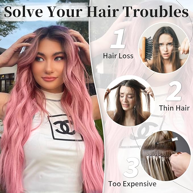 KooKaStyle Invisible Wire Hair Extensions with Transparent Headband Adjustable Size 4 Secure Clips Long Wavy Hairpiece 20 Inch Sakura Pink for Women