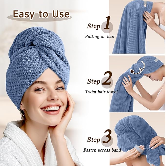 Large Microfiber Hair Towel for Women,Super Soft Anti Frizz & Quick Dry for Curly Hair,Ultra Absorbent Hair Wrap Towels for Long,Thick,Wet Hair 24x42 Inches (Blue)