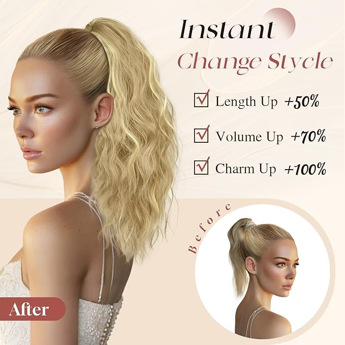SOFEIYAN Ponytail Extension, 16 inch Claw Clip Ponytail Extension Wavy Curly Ponytails Synthetic Pony Tails Hair Extensions Natural Fake Hairpiece for Women - Beige Blonde Mix Blonde