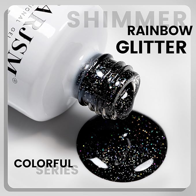 RARJSM Black Glitter Gel Nail Polish Chunky Iridescent Rainbow Sparkle Laser Holographic Small Flakes Shimmer Diamond Gel Polish Single Bottle Soak off UV LED Cured for Home Salon Manicure 15ML