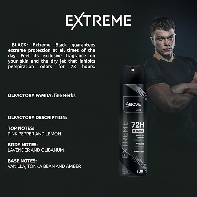 ABOVE Extreme Men Black - 72H Antiperspirant Spray Deodorant for Men 5.07 Fl Oz | Aluminum-Free | Fresh Mist, No Stain, No Alcohol, Long-Lasting Men's Deodorant Spray | Lavender and Oliban