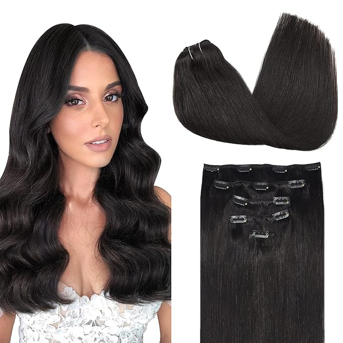 DOORES Hair Extensions Clip in, 5pcs 85g Natural Black 22 Inch Clip in Human Hair Extensions Remy Straight Hair Extensions