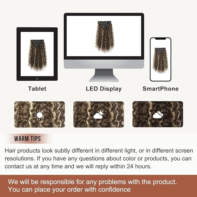 Clip in Hair Extensions, FLUFYMOOZ 4PC 100％ Pure Protein Silk Hair Extensions Long Soft Natural Hairpiece 16 Inch Curly Hair Extension for Women (Medium Brown Ash Blonde Highlight)