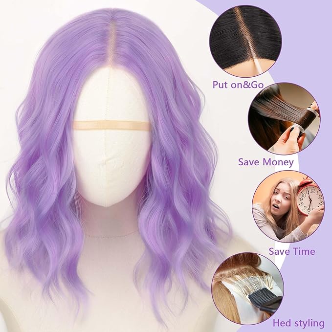 AISI HAIR 14 Inch Light Purple Wigs for Women - Shoulder Length Wave Wig with Pre-Cut Lace Hairline, Middle Part Natural Wavy Bob Synthetic Heat Resistant Fiber for Daily and Party