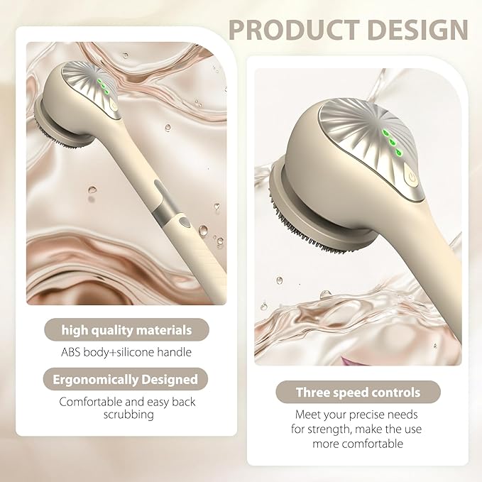 Electric Body Brush Back Scrubber for Shower, Waterproof Long Handle Power Body Scrubber with 6 Heads, Rechargeable Bath Brush & 3 Speeds, for Cleansing, Exfoliating and Massaging Skin (Yellow)