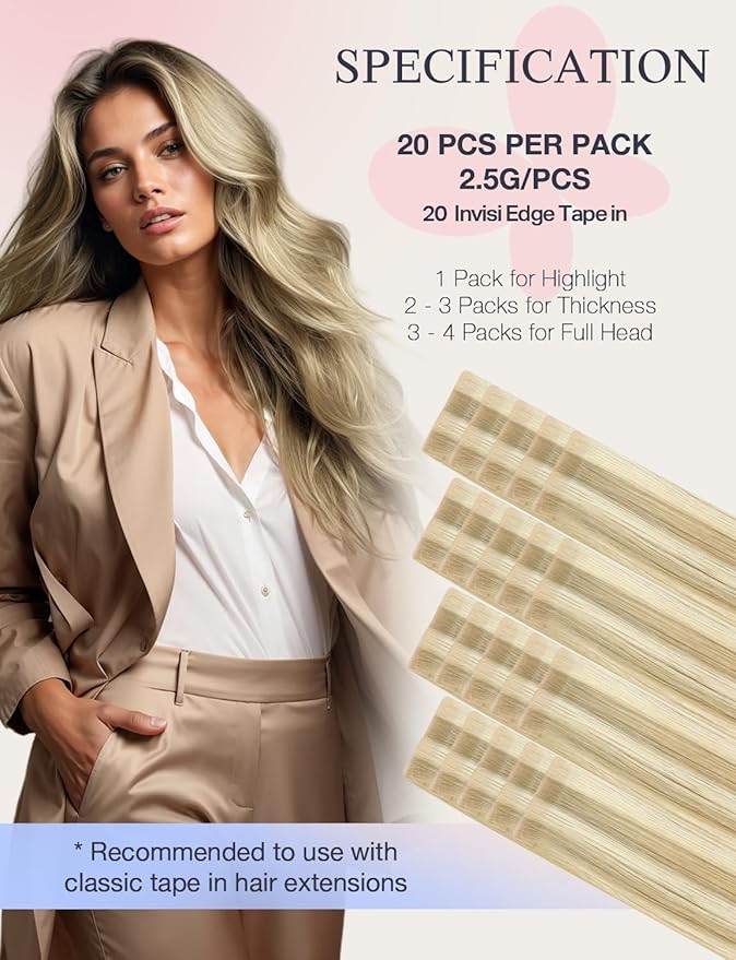 DOORES Invisi Edge Human Hair Extensions Tape in, Light Blonde Highlighted Golden Blonde 10 Injection Tape-ins with 10 Injection Tape-ins 50g 20 Inch, Injected Tape in Virgin Human Hair