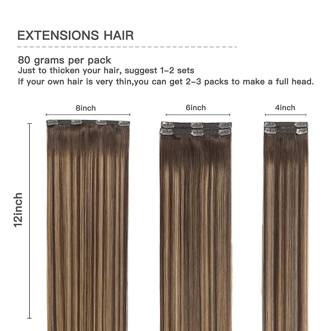 Clip in Hair Extensions Human Hair Balayage Chocolate Brown to Caramel Blonde 12 Inch 5pcs 80g Real Hair Extensions Human Hair Clip in Extensions Straight Hair Remy Extensions