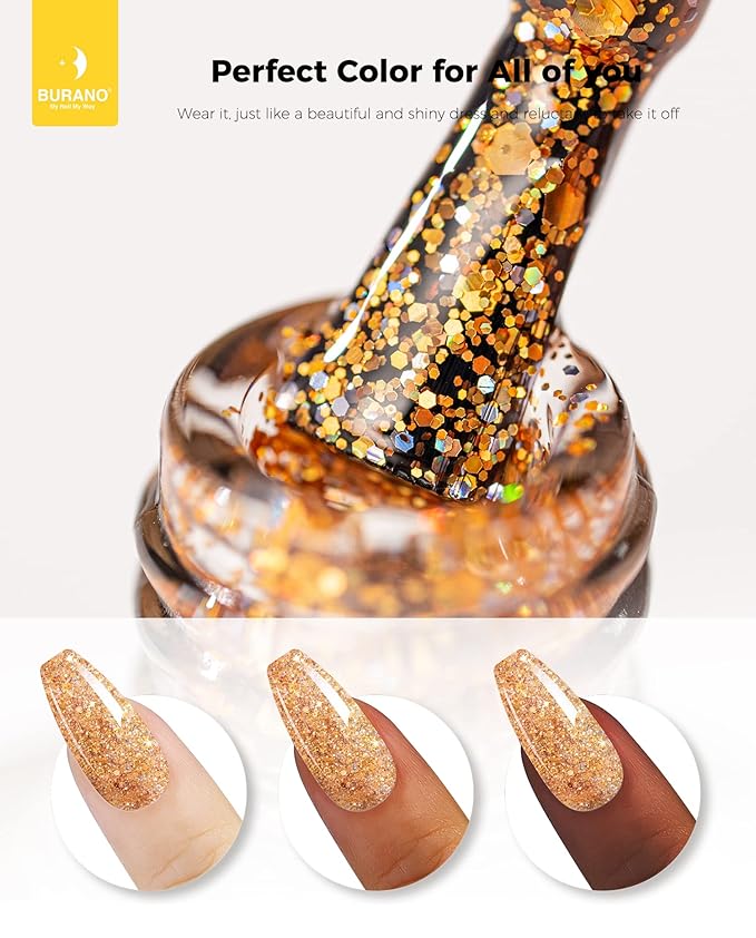 BURANO Glitter Gel Nail Polish, LED UV Nail Gel Shimmer Holographic Effect Soak off Gel Curing Required, No Chip Gel Polish Sparkle Gel Home DIY Nail Salon (Gold LP3)
