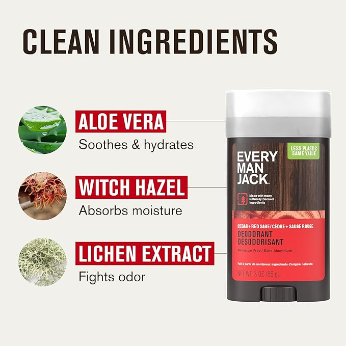 Every Man Jack Cedar & Red Sage Men’s Deodorant - Stay Fresh with Aluminum Free Deodorant For all Skin Types - Odor Crushing, Long Lasting, with Naturally Derived Ingredients - 3 oz - 4 Pack