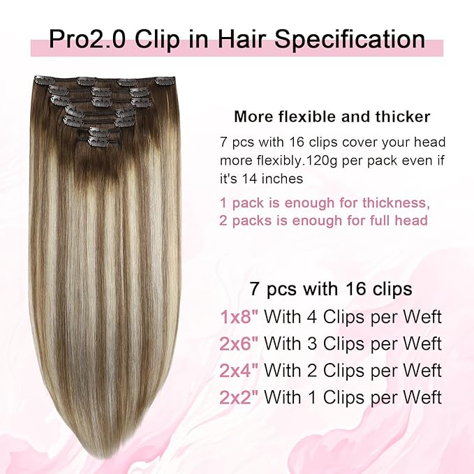 Pro2.0 Clip in Hair Extensions Real Human Hair 120g Thick 7pcs #3/8/22 Walnut Brown to Ash Brown and Golden Blonde Remy Real Human Hair Extensions Clip ins 14inch Double Weft（#3/8/22-14inch）