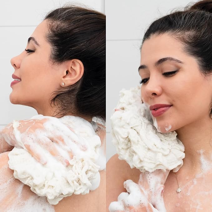 Bamboo Washcloth & Ramie Loofah – Dual‑Sided Body Scrubber for Bath & Shower – Patent Pending - Gentle Exfoliation, Sensitive Skin Spa Tool – Large Loofah with Bar Soap Pouch, Cotton Wash Bag, 2 Pack