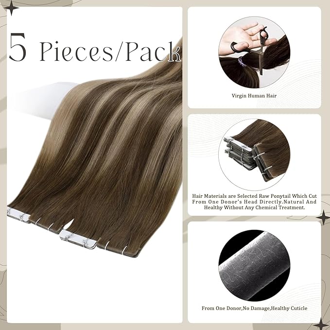 Full Shine Injection Tape in Hair Extensions 5Pcs 20 Inch Seamless Skin Weft Tape in Extensions Color 4 Brown Fading to 27 Blonde And 4 Brown Virgin Hair Extensions Real Remy Human Hair 12.5 Gram