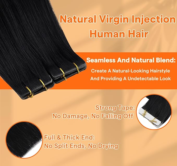 Full Shine Tape in hair Extensions Invisible Virgin Color 1 Black 10Pcs Injected Tape in Real Human hair Extensions Silky Straight Seamless Skin Weft 22 Inch Natural 25Gram Add Length for Wedding