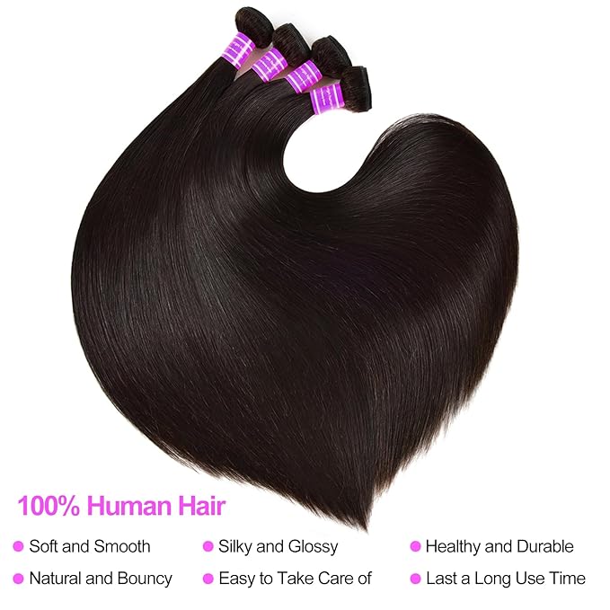 Bundles with Closure Brazilian Straight 4 Bundles with Closure 100% Unprocessed Human Hair Extensions 4x4 Free Part Lace Closure Natural Color (Straight Bundles With Closure, 18 20 22 24+16)