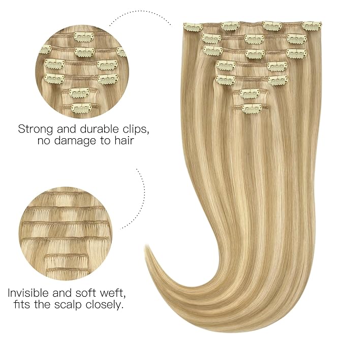 HOTBANANA Clip in Human Hair Extensions, Drity Blonde Highlight Golden Blonde 120g 22 Inch 7pcs, Clip in Hair Extensions Remy Human Natural Straight
