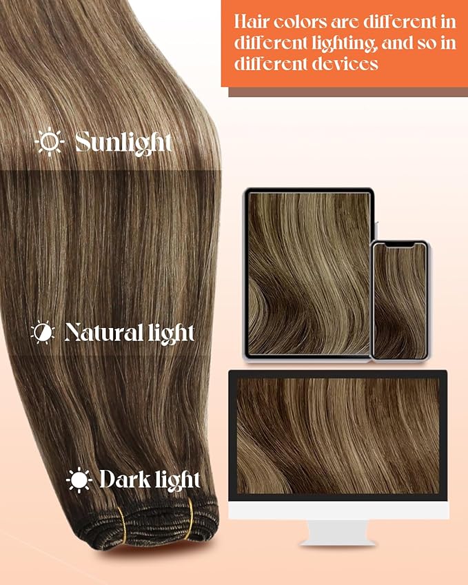 Sunny Hair 135g Human Hair Weft Extensions Brown Sew in Hair Extensions Real Human Hair Dark Brown Highlights Caramel Blonde Weft Hair Extensions Remy Straight Hair 24inch