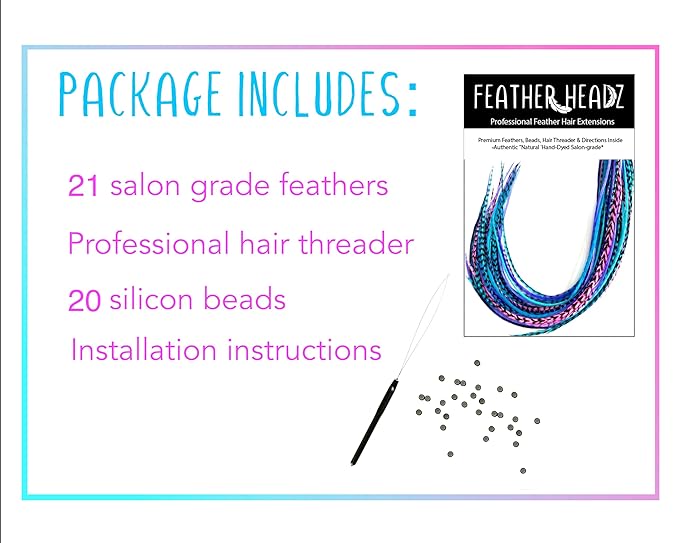 21 Purple Pink & Turquoise Color Hair Extensions – 9”–14” Long – DIY Rooster Kit with 20 Micro-Link Beads – 100% Real Feathers – Eye-Catching Boho Style