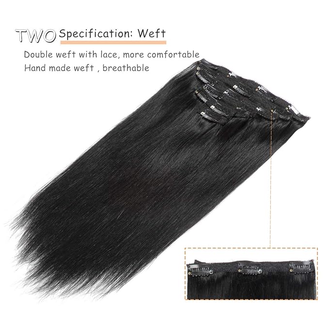 Caliee Clip-in Hair Extensions - 20Inch Human Hair, Black, Double Weft, 7Pcs, 140g