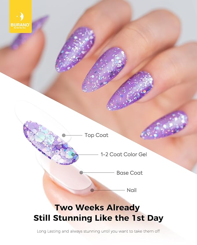 BURANO Glitter Gel Nail Polish, LED UV Nail Gel Shimmer Holographic Effect Soak off Curing Required, No Chip Polish Sparkle Home DIY Nail Salon (Purple LP21)