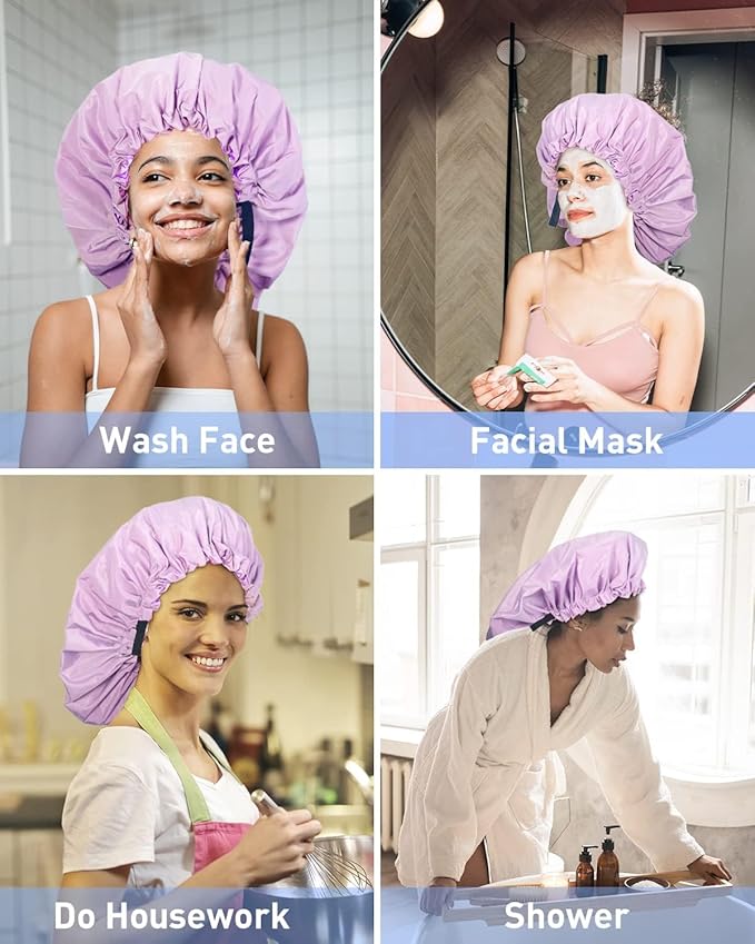 Aquior Shower Cap,Extra Adjustable Shower Caps for Women Double-Layer Waterproof Reusable Hair Cap, Large Size Hair Cap for All Hair,for Girls Spa Bath,Soft and Comfortable (Purple)