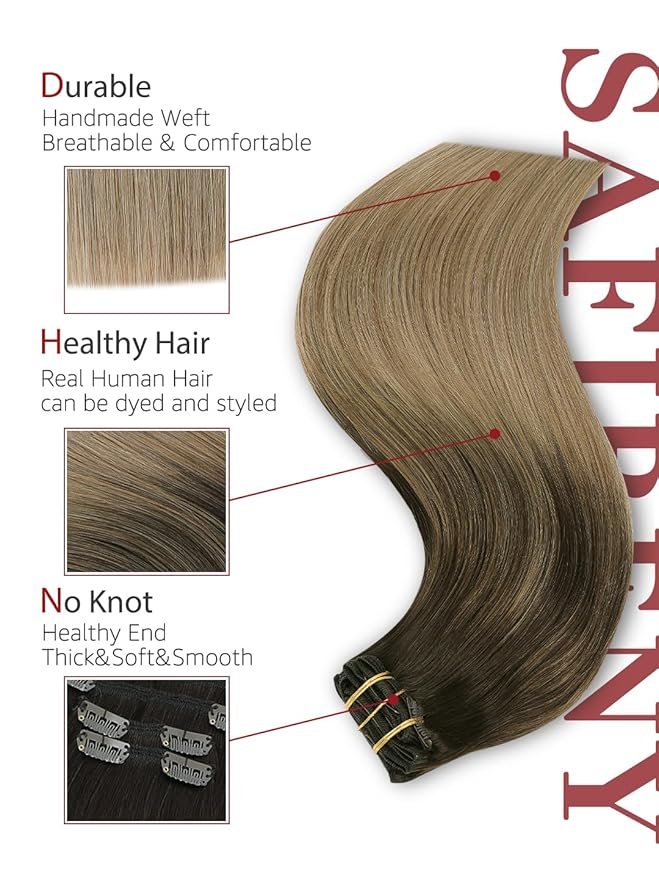 Clip in Hair Extensions Real Human Hair 6pcs 100g 16 Inch Balayage Dark Brown to Dirty Blonde Double Drawn Clip in Hair Extensions (#2/6/18, 16")