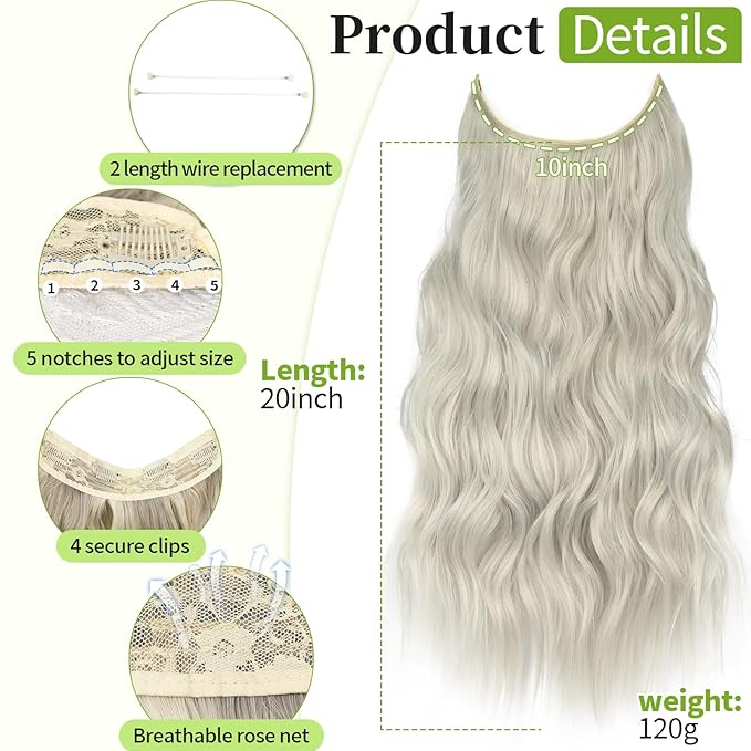 KooKaStyle Invisible Wire Hair Extensions with Transparent Wire Headband Adjustable Size 4 Secure Clips Silver Grey Blonde Long Wavy Hairpiece for Women