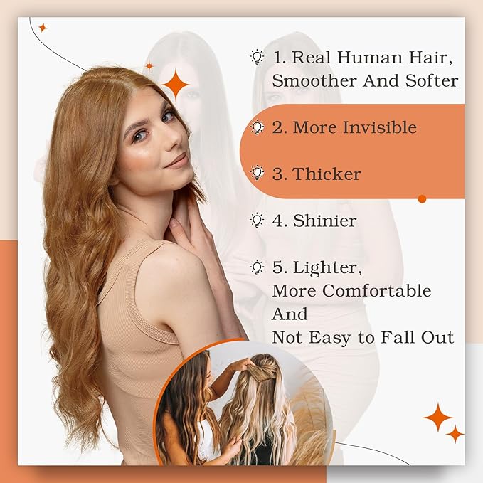 Full Shine Tape in Hair Extensions Human Hair Color 330 Copper Brown Tape in Extensions Human Hair Orange Seamless Skin Weft Invisible Extension for Women Add Length 22Inch 50G 20Pcs