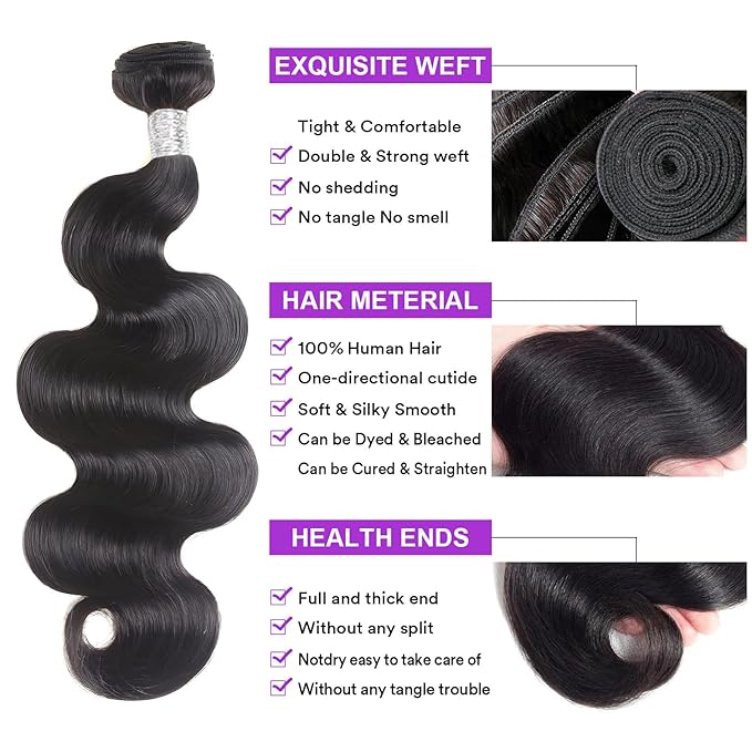 12A Human Hair Bundles Body Wave Bundles Human Hair 18 20 22 Inch 100% Unprocessed Brazilian Virgin Hair Body Wave 3 Bundles Deals Real Human Hair Extensions For Women Natural Black Color