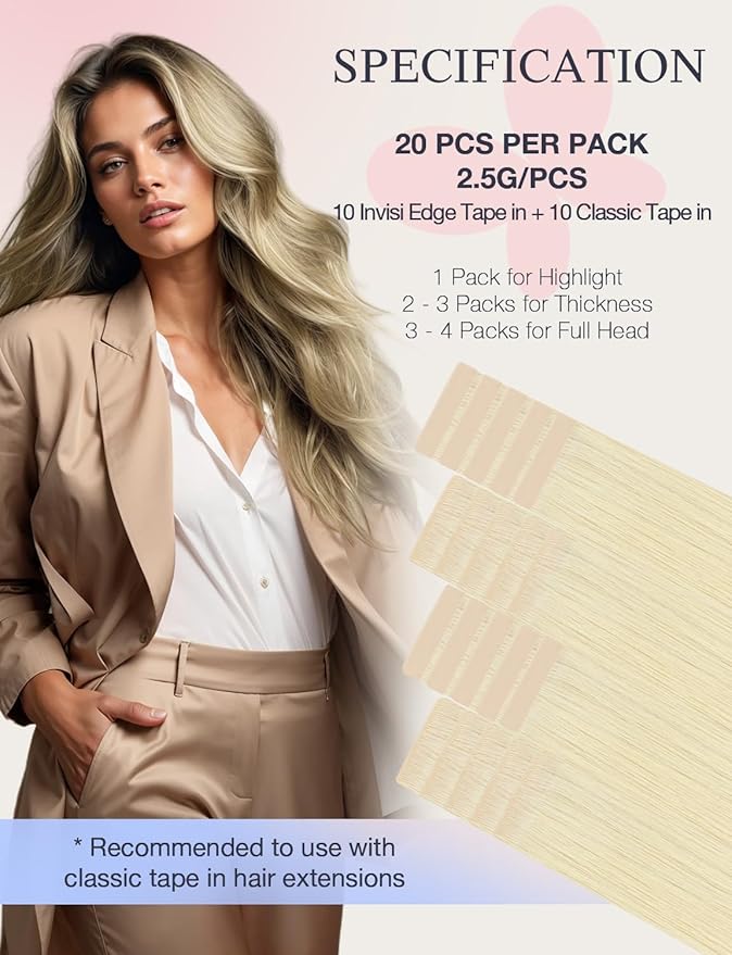 DOORES Invisi Edge Tape in Extensions Human Hair, Platinum Blonde 10 Injection Tape-ins with 10 Classic Tape-ins 50g 18 Inch, Injected Tape in Extensions Virgin Human Hair Thick Ends