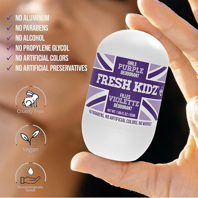 Fresh Kidz Body Wash 16.9 fl.oz. and 2 Roll-On Deodorants 1.86 fl.oz. for Kids and Teens - Girls Purple Set