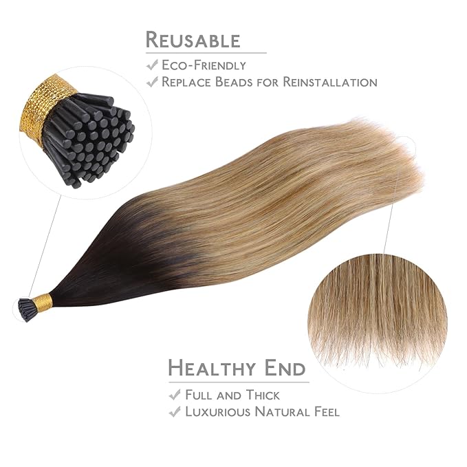 WENNALIFE I Tip Hair Extensions Human Hair, 50g 100s 16 Inch Dark Brown to Chestnut Brown and Dirty Blonde Highlighted Remy Itip Human Hair Extensions Invisible Itips Straight I Tips Fusion Extensions