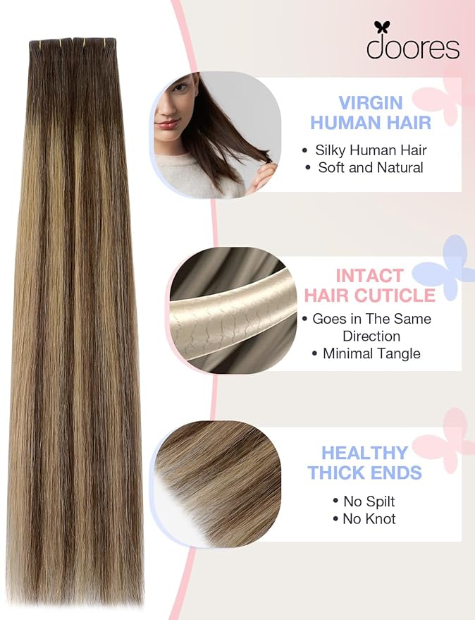 DOORES Invisi Edge Tape in Hair Extensions Human Hair, Chocolate Brown to Caramel Blonde 10 Injection Tape-ins with 10 Injection Tape-ins 50g 24 Inch, Injected Tape in Virgin Human