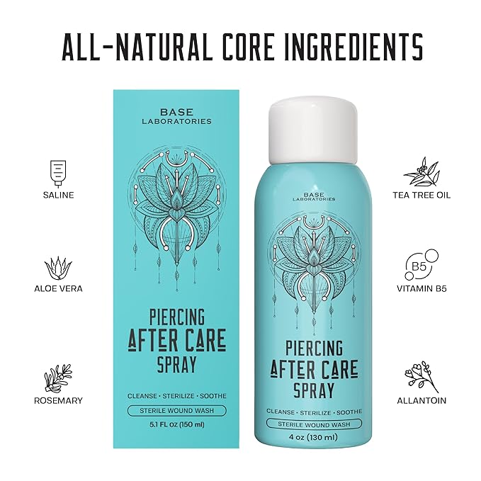 BASE LABORATORIES Piercing Aftercare Spray 4oz | Saline Spray for Piercings | Ear Piercing Cleaner Spray | Saline Solution for Piercings | Piercing & Keloid Bump Removal for Ears, Belly & Nose | 3PK