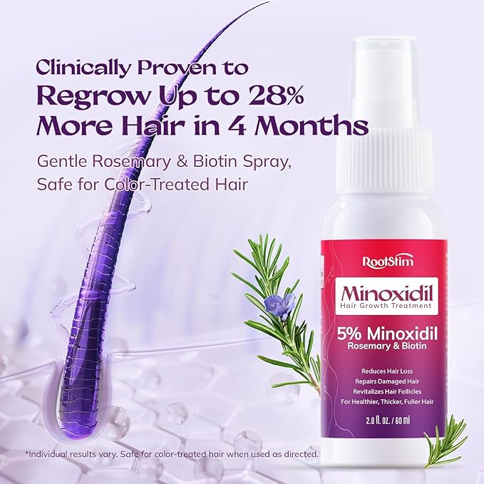 5% Minoxidil Spray for Women Hair Growth: RootStim Extra Strength Hair Regrowth Treatment with Rosemary & Biotin for Thinning Hair, Fuller & Healthier Hair - 2 Fl Oz