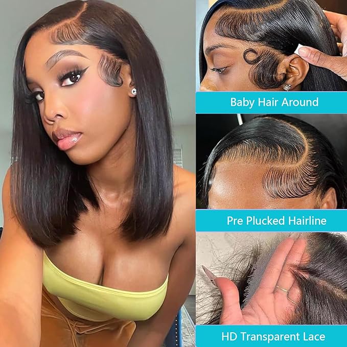 13x4 HD Lace Front Wigs Human Hair Pre Plucked Bob Wig Human Hair 200 Density Short Bob Wigs Human Hair Straight Lace Frontal Wig Pre Plucked 16Inch