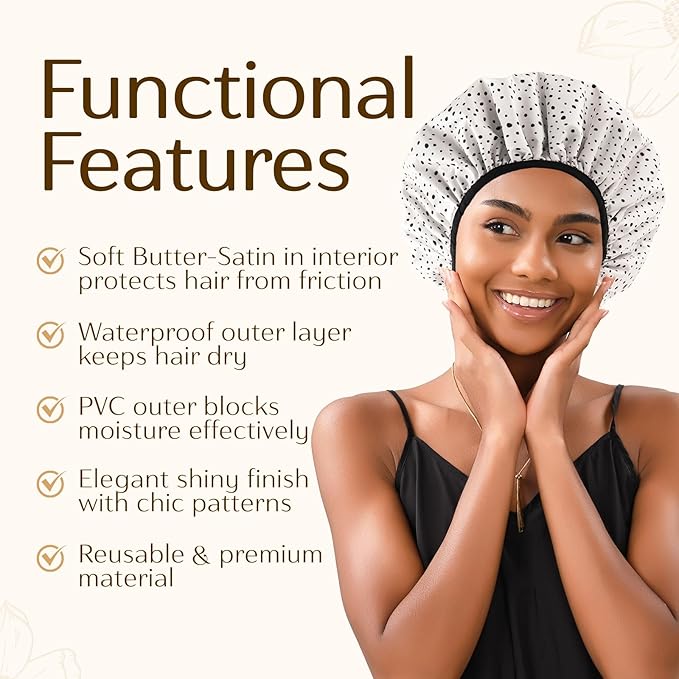 Yanibest Shower Cap for Women - Hair Satin Bonnet Shower Cap for Women Waterproof Extra Large Double Layer Reusable Adjustable for Braids Long Hair