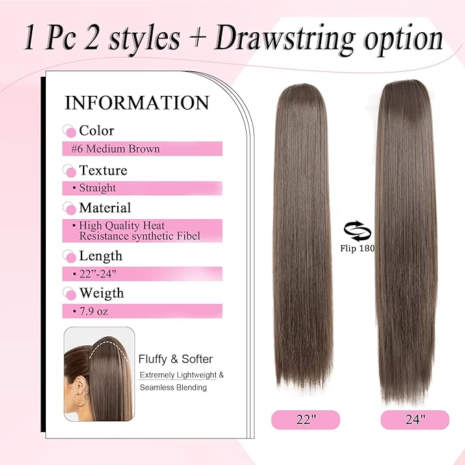 Ponytail Extension, 24" Long Straight Claw Clip Ponytail Extension clip on ponytails hair clip Hair claw clip Fake Ponytail Hairpieces for Women - Medium Brown