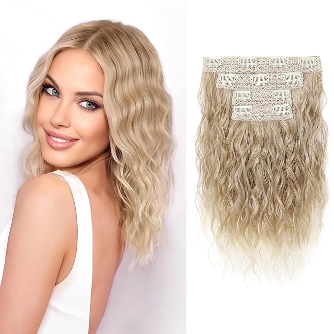 REECHO Clip in Hair Extensions, 4PCS Hair Extensions 12" Short Curly Wavy Blonde hair extensions Invisible Lace Weft Natural Soft Hairpieces for Women – Dark Blonde with Light Ends