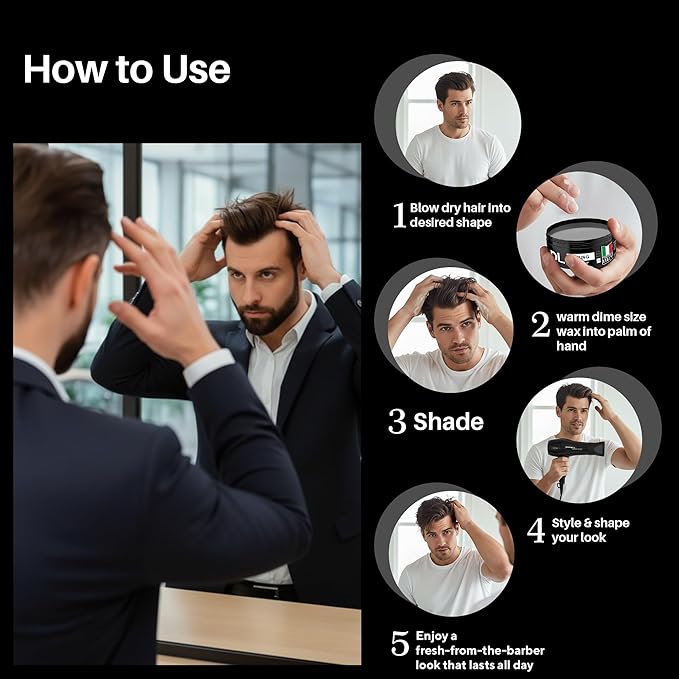 Cover Up Hair Wax for Men, Black Hair Wax Stick for Temporary Gray Coverage, Strong Hold Styling Wax for Men, Water Based Styling, Easy Wash Out, Made in Italy, 100 ml