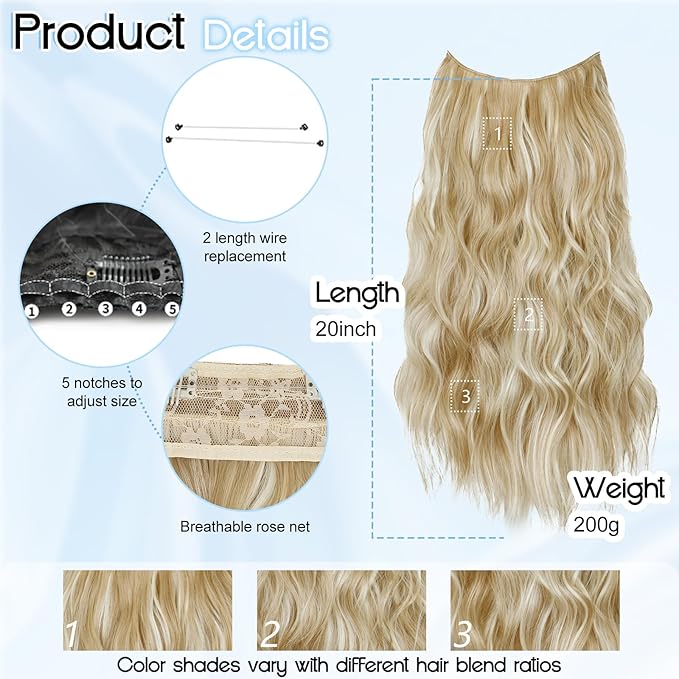 Blonde Highlights Invisible Wire Hair Extensions Long Wavy Synthetic Hairpiece with 4 Secure Clips for Women 20 Inch Clip in Hair Extensions