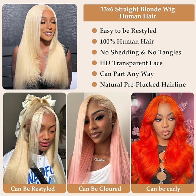 13x6 613 Lace Front Wig Human Hair 24 Inch 180 Density Blonde Wig Human Hair 613 HD Lace Frontal Wig 13x6 Blonde Straight Lace Front Wigs Human Hair Pre Plucked Glueless Wigs for Women