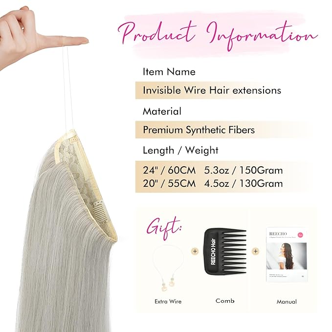 REECHO Invisible Wire Hair Extensions with Transparent Headband Adjustable Size Removable Secure Clips in Straight Secret Hairpiece for Women (24 Inch (Pack of 1), Grey/Brown/Silver/White Mixed)