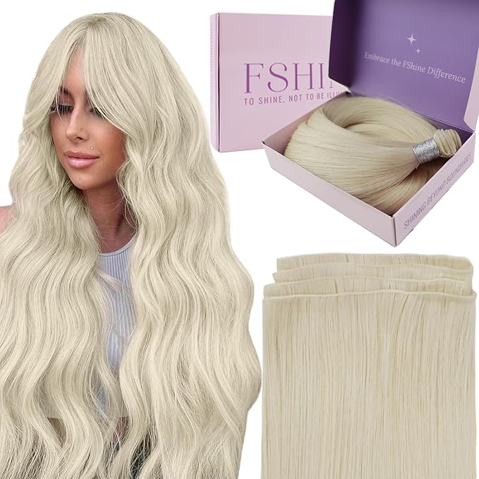 Fshine Genius Weft Extensions Human Hair Remy Straight Hair Weft Hand Tied Extensions Sew in Silky 22 Inch 60G Sew in Blonde