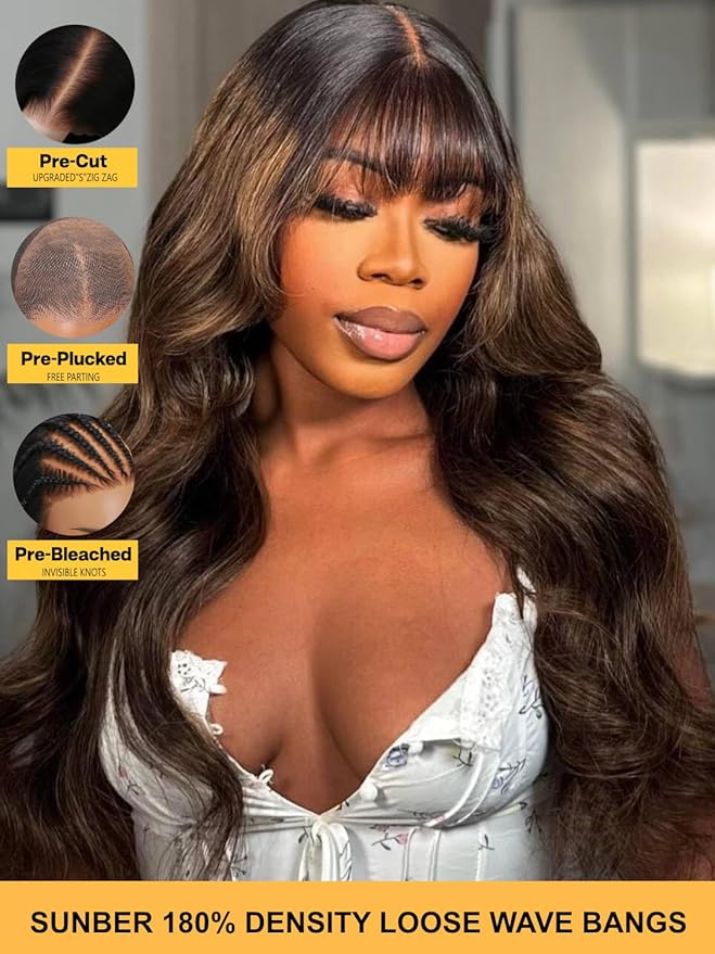 Sunber Ombre Brown Highlight Balayage Loose Body Wave With Bangs Glueless Wigs Pre cut 7x5 HD Lace Front Bye Bye Knots Drawstring Wig 24Inch Put On Go Pre Plucked Bleached Invisible Knots 180% Density