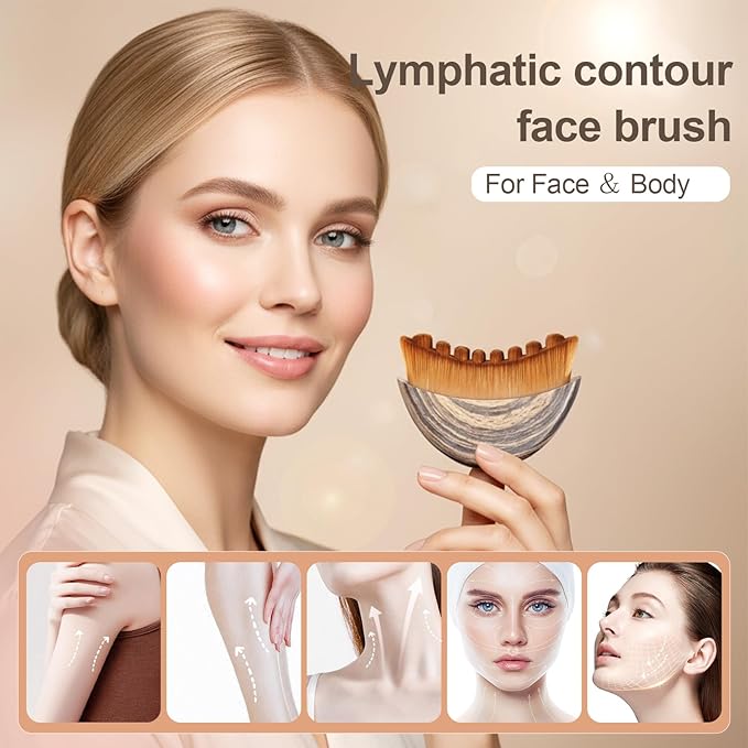 Lymphatic Contour Face Brush, Ergonomic Lymphatic Drainage Massager, Natural Makeup Brushes with Gentle Bristles, Hypoallergenic Manual Facial/Body Brush for Sculpting