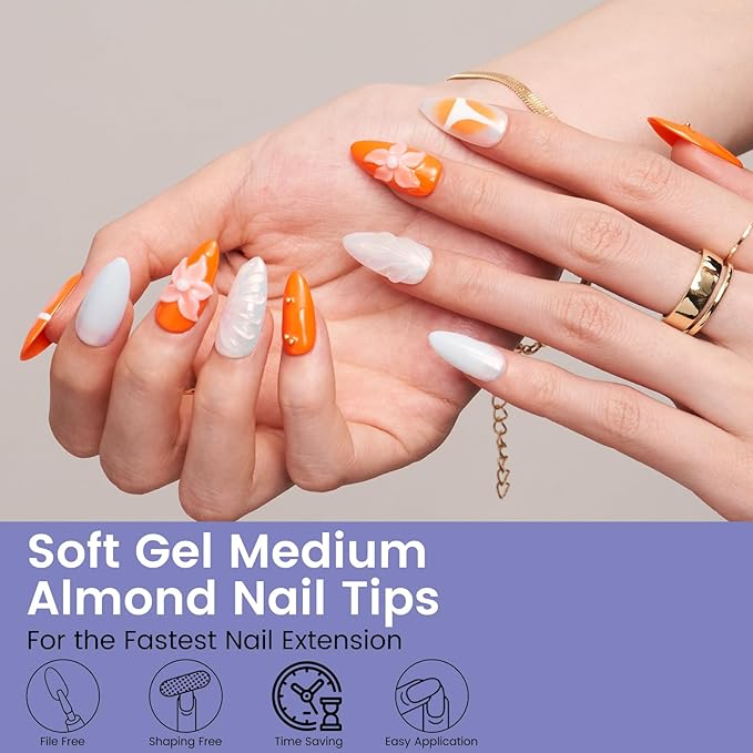 Medium Almond Nail Tips: 240PCS Soft Gel Clear Almond Pre-Shaped Nails Tips, 12 Sizes Full Cover Fake Press on Nails for Acrylic Nail Tip Home DIY Salon Nails
