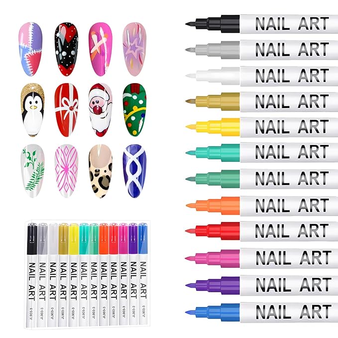 Nail Art Marker Pens, 12 Colors 0.7mm Nail Art Pens Nail for Painting Nail Point Graffiti Dotting Liner Pen for Home Salon Quick Dry Manicure