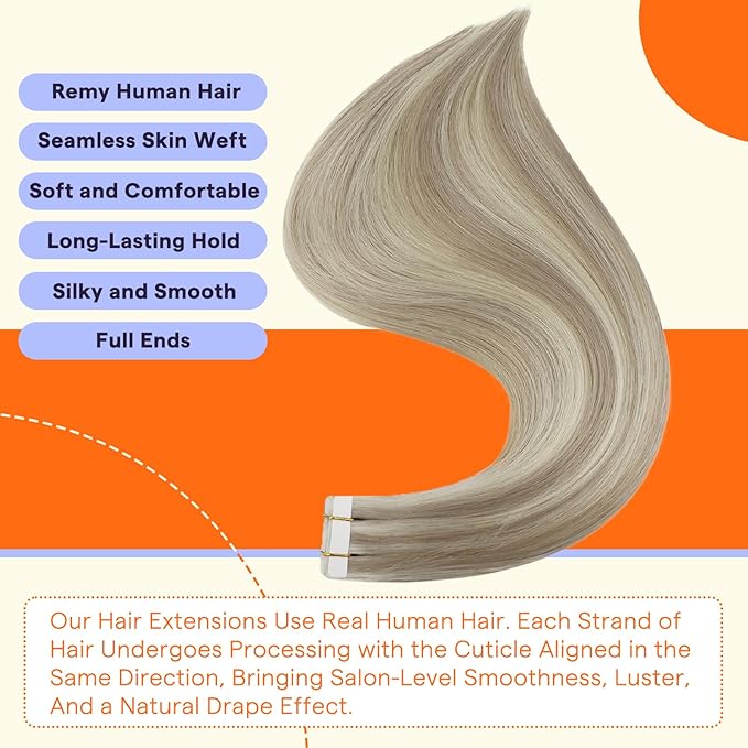 Full Shine Tape in Hair Extensions Human Hair 18 Inch Remy Human Hair Tape in Extensions Color 18/613 Ash Blonde Highlight with Platinum Blonde Invisible Hair Extensions Tape Ins 20Pcs 50Grams