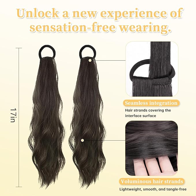2PCS Curly Ponytail Extension with Hair Tie Hair Natural Wig Elastic Band Wave Fake Ponytail Wigs Accessories for Women Daily 17 Inch (2pcs-black)