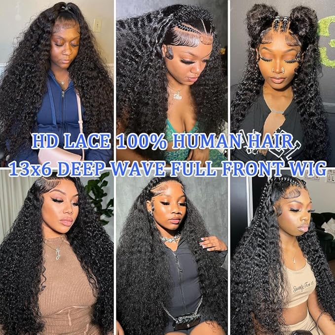 Deep Wave Lace Front Wigs Human Hair 13x6 HD Lace Front Wigs Human Hair Pre Plucked 210% Density 20 Inch Natural Color